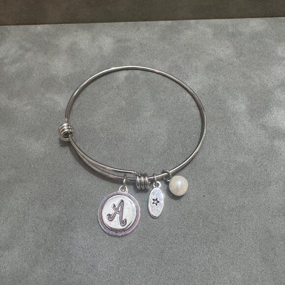 Silver Tone Initial A Charm Bracelet Adjustable Bangle With Pearl & Star Accents - Picture 2 of 4